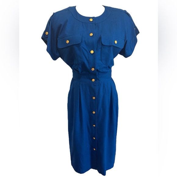 80s LIZ CLAIBORNE ROYAL BLUE SLUBBED SILK COLLARLESS SAFARI SHIRT DRESS SZ 6 - Picture 3 of 10